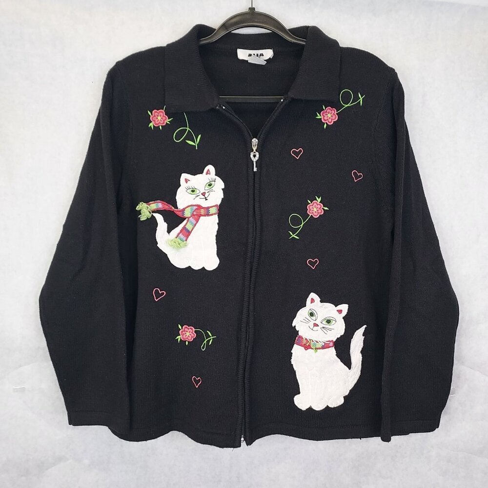 Alia Cat Lover Cardigan Sweater Women Petit L Black Full Zip Applique Embroidery